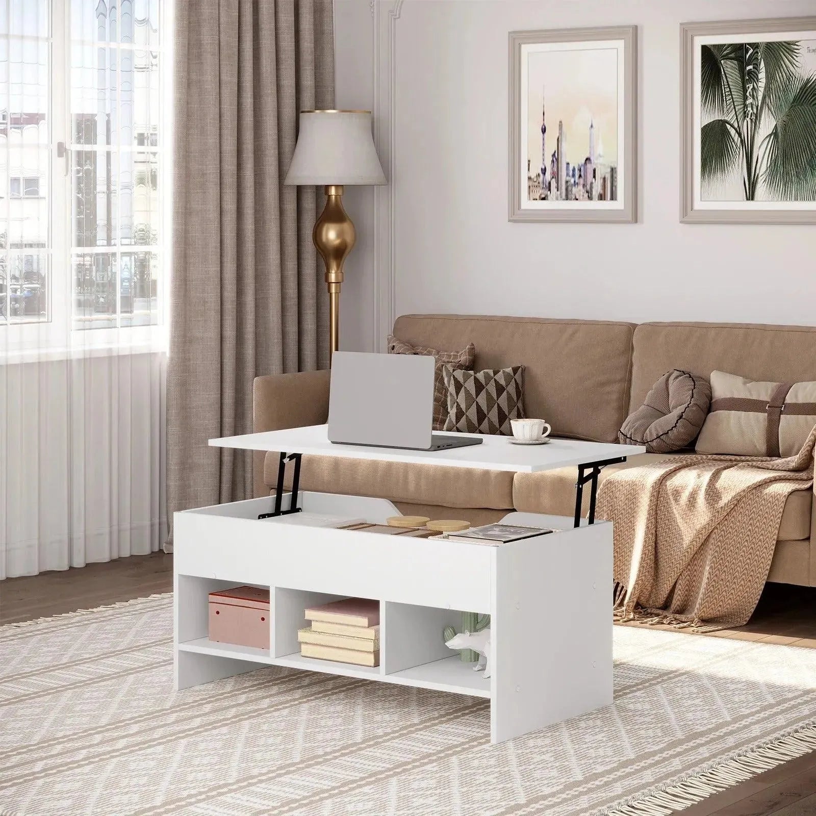 Feronza™ Liftbare Koffietafel met Opslag - Witte, Hoogte-verstelbare Rechthoekige Sofa Tafel voor de Woonkamer - Feronza